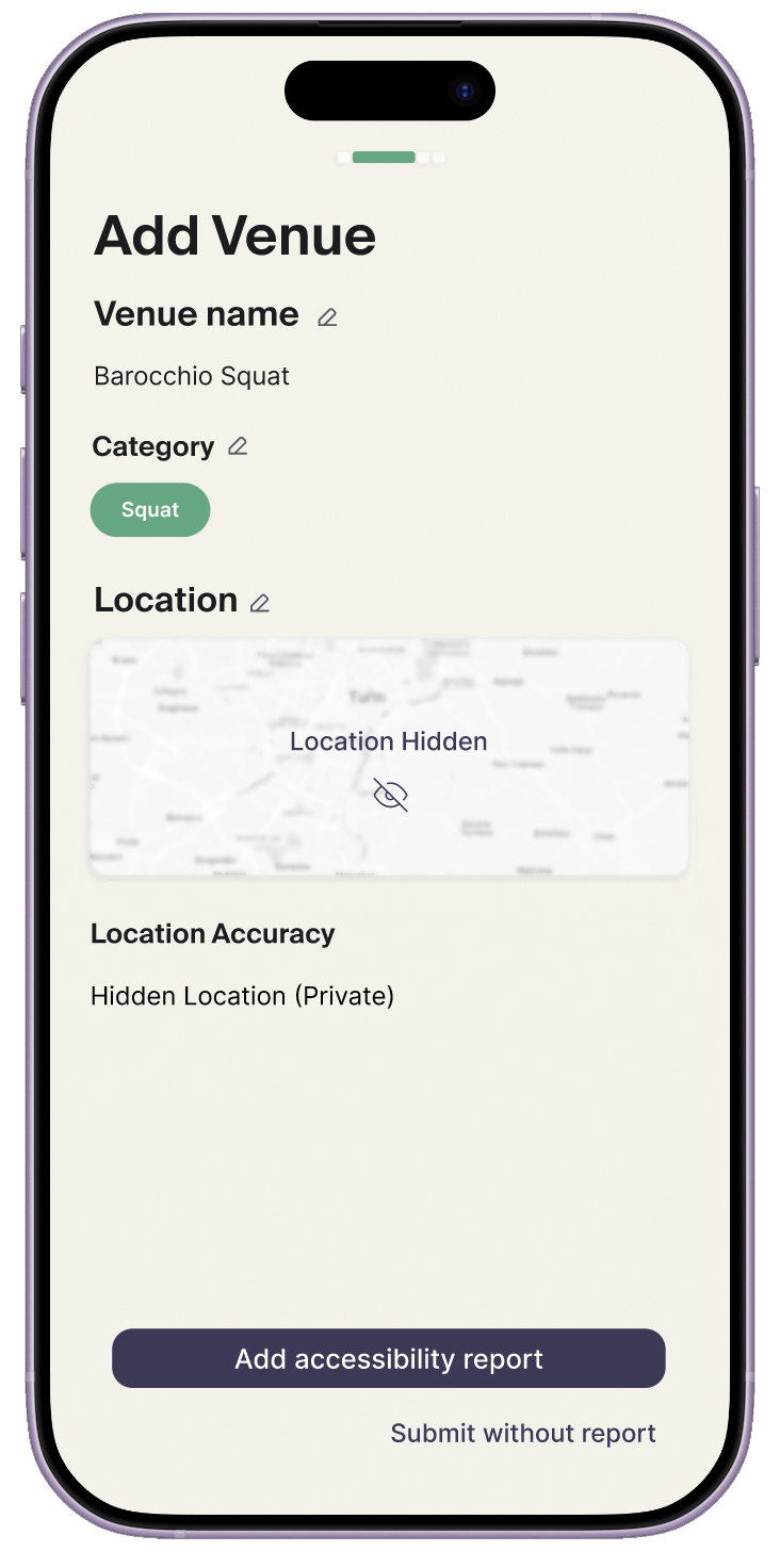 Add Venue report flow screen one.